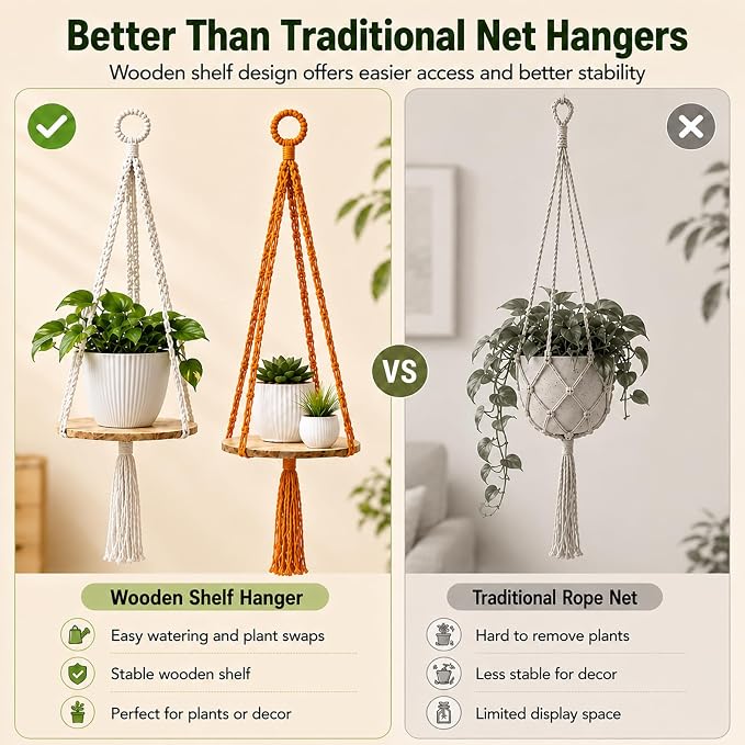 Artilady 3 Pack Hanging Planter with Wood Shelf, Macrame Plant Hanger for Indoor Boho Plants Basket Holder for Window Balcony Kitchen
