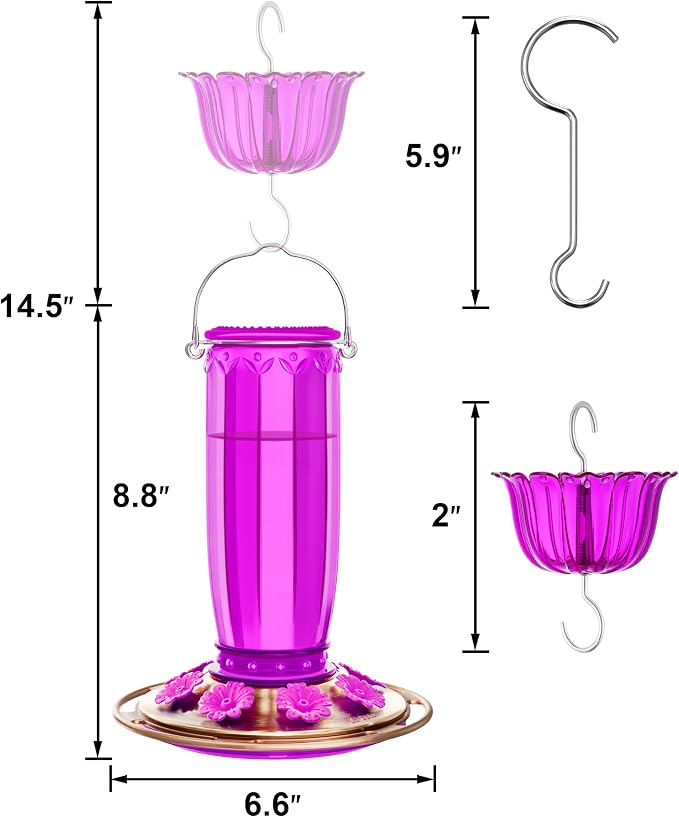 iBorn Hummingbird Feeders for Outdoors Hanging with Ant Moat for Hummingbird Feeder Glass 8 Ports for 16oz Hummingbird Nectar,Fuchsia Magenta, Copper Brush Cover,Pack of 1