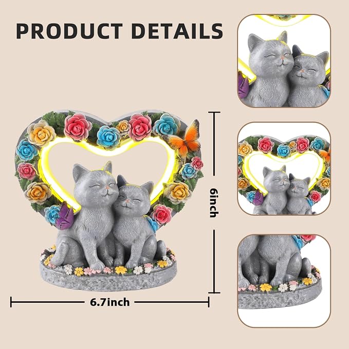 Gifts for People Who Love Cats, Cat Garden Decor with Heart-Shaped, Couple Cat Figurine for Valentines Day, Anniversary Housewarming Christmas Birthdays Gifts for Lover Wife Women Mom Friends