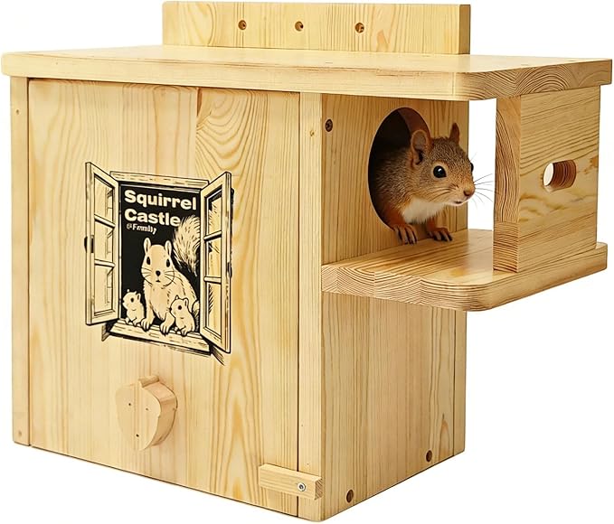 Extra Large Outdoor Squirrel House, Wooden Nesting Box | 0.7-inch-thick weatherproof pine, external rest platform, front porch, ventilation and easy mounting on trees or fences