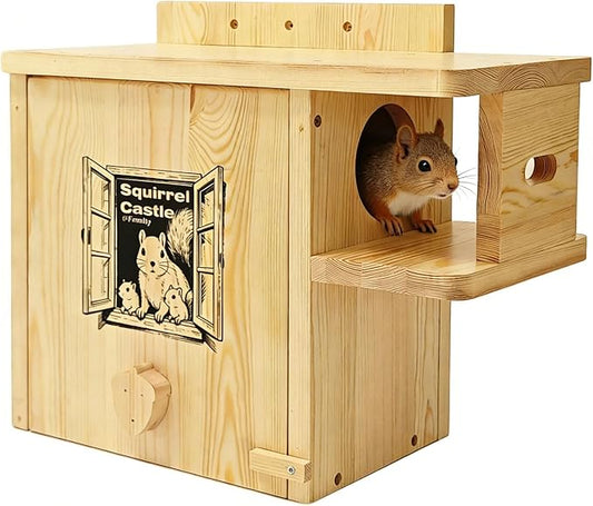 Extra Large Outdoor Squirrel House, Wooden Nesting Box | 0.7-inch-thick weatherproof pine, external rest platform, front porch, ventilation and easy mounting on trees or fences