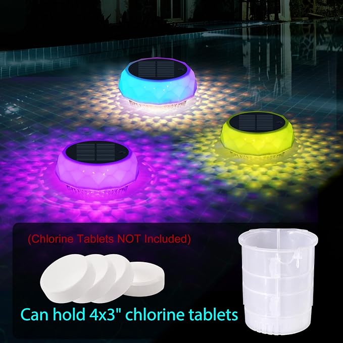 Solar Pool Chlorine Floater, Floating Colorful Induction Lights Chlorine Dispenser for 4x3'' Tablets, Adjustable Release & Easy Opening Holder for Indoor & Outdoor Swimming Pool Hot Tub and Spa