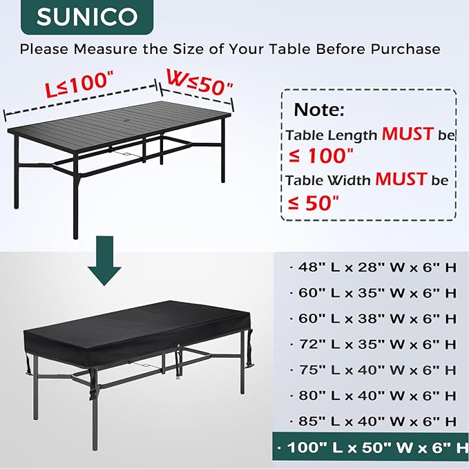 SUNICO Outdoor Table Cover rectangular 100" L x 50" W x 6" H), Patio Table Cover rectangle for Patio Table & Dining Table & Picnic Table.Windproof, Waterproof, Stain-Resistant, Durable Table Cover