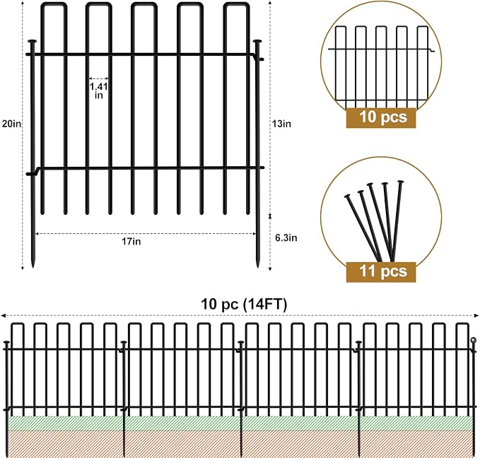 10 Panels No Dig Animal Barrier Fence, 13in(H) x 14ft(L) Garden Edging Border Fencing, Rustproof Metal Stakes Decorative Garden Fence, Dog Digging Defense Fencing Barrier for Outdoor, Yard, Patio