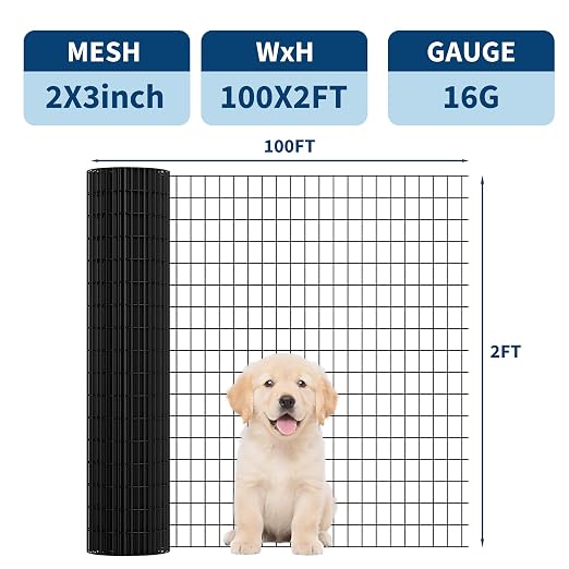 PVC Coated Welded Wire Fence 24 Inch x 100 Foot,16GA, Black Vinyl Coated Metal Wire Mesh Fencing Roll for Garden Border, Yard Vegetable Plant Protection and Poultry Netting