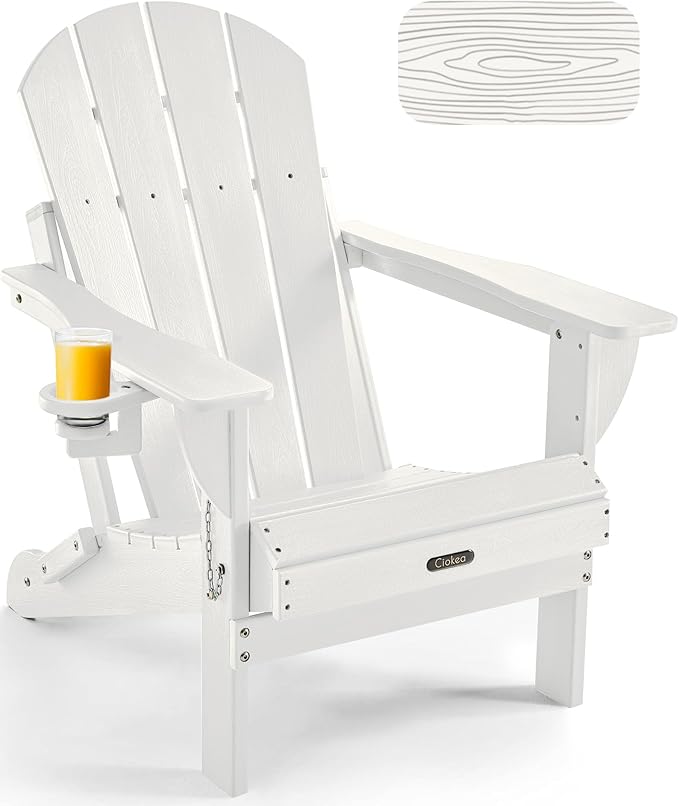 Ciokea Folding Adirondack Chair Wood Texture, Patio Adirondack Chair Weather Resistant, Plastic Fire Pit Chair with Cup Holder, Lawn Chair for Outdoor Porch Garden Backyard Deck (White)