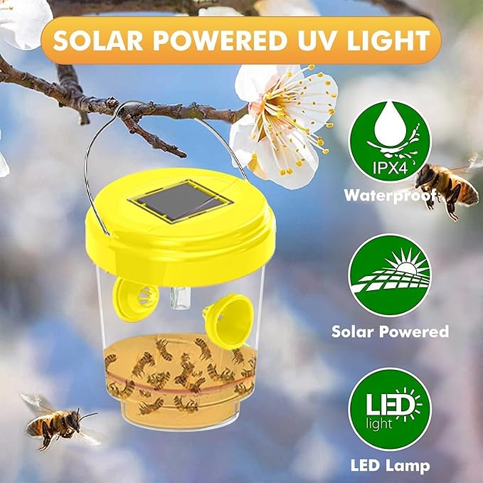 Wasp Traps Outdoor Hanging, Solar Bees, Hornets, Yellow Jacket Traps, Wasp Trap Catcher, Reusable Solar Powered Hanging for Outdoor, 4 Packs