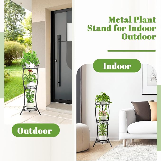 iDavosic.ly Plant Stand for Indoor Outdoor 2 Pack, 3 Tier Wrought Iron Vertical Flower Holder Shelf and 5 Layer Metal Pot Display Rack for Patio Porch Garden Living Room, Black