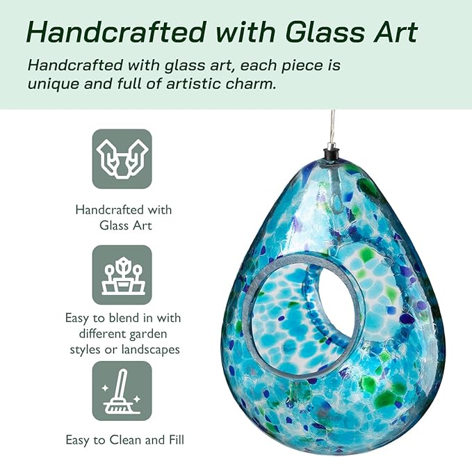 Glitzhome Glass Bird Feeder for Outdoors, 6.75" H Blue Dots Teardrop Hanging Birdfeeder for Garden Tree Yard Outside Decoration