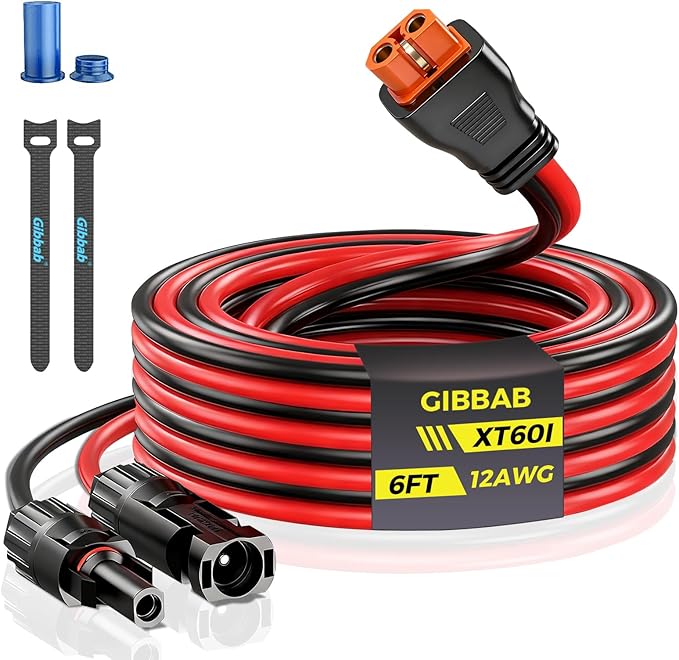 6FT 12AWG Solar to XT60i, Gibbab 3 6 10 16 20 25FT Solar Panel Connector to XT60i-F Adapter Extension Charging Cable for Portable EcoFlow River Delta Anker SOLIX Power Station Generator Battery RV