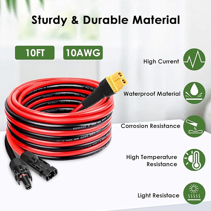MOOKEERF Solar to XT60 Extension Cable 10AWG 10FT Solar Connector to XT60 Adapter Cable for Solar Panel to Portable Power Station Solar Generator Battery Pack