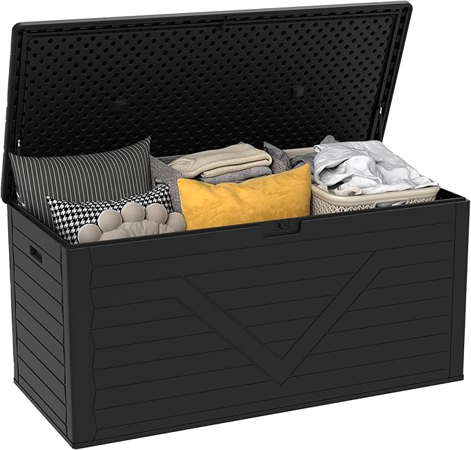 Outdoor Storage Deck Box Waterproof, 260 Gal Pro Large Lockable Patio Storage Bin Chest, Resin Outside Container Seat Bench for Furniture Cushions, Pool Accessories, Garden Tools & Delivery, Black