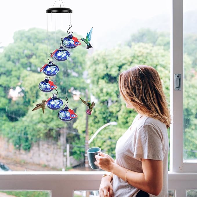 Headak Life Charming Wind Chimes Hummingbird feeders for Outdoors Hanging ant and bee Proof,Never Leak,Perfect Hummingbird Gift for People(Deep Blue)