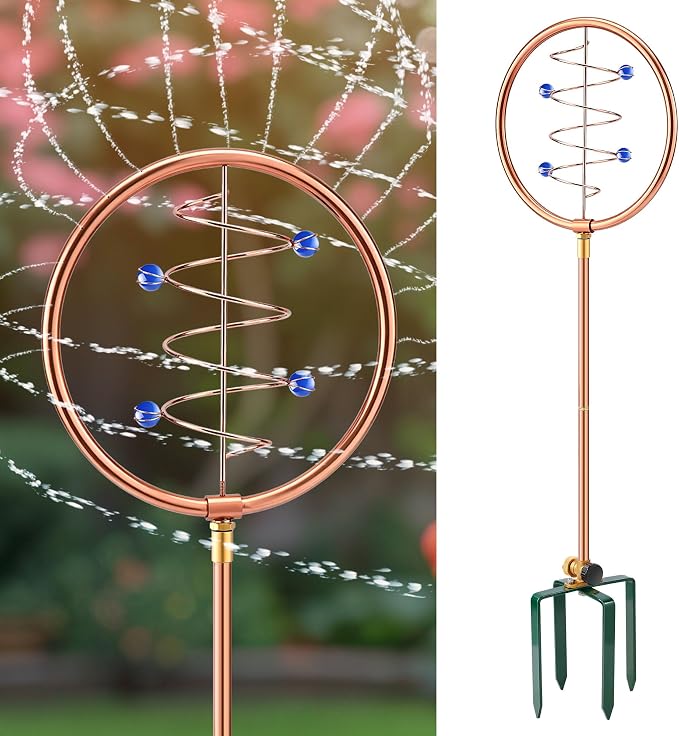 34" H Copper Coated Stainless Steel Ornamental Sprinkler, Corrosion Resistant Garden Rotating Sprinkler 360 Degree Shape Decorative for Lawn Garden Landscape(Wave Circle)
