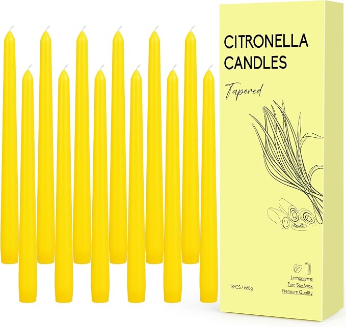 Citronella Taper Candles, 12-Pack 10-Inch Long Candle Sticks, Bulk Dripless Smokeless Tapered Citronella Candles for Dinner, Party, Home Decoration, Holiday, Wedding, Long Slow Burning Taper Candles
