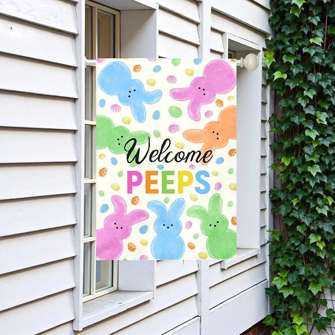 Welcome Peeps Easter Garden Flag 28x40 Inch Large Outdoor Spring Double Sided Bunny Egg House Banners Colorful Porch Garden Flag Holiday Home Flags Decor Durable Seasonal Welcome Sign