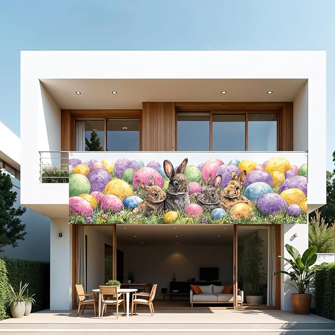 10x3 ft Extra Large Happy Easter Banner Outdoor 115''x35'' Cut Rabbit Banner for Fence Outside Garden Large Bunny Banners Yard
