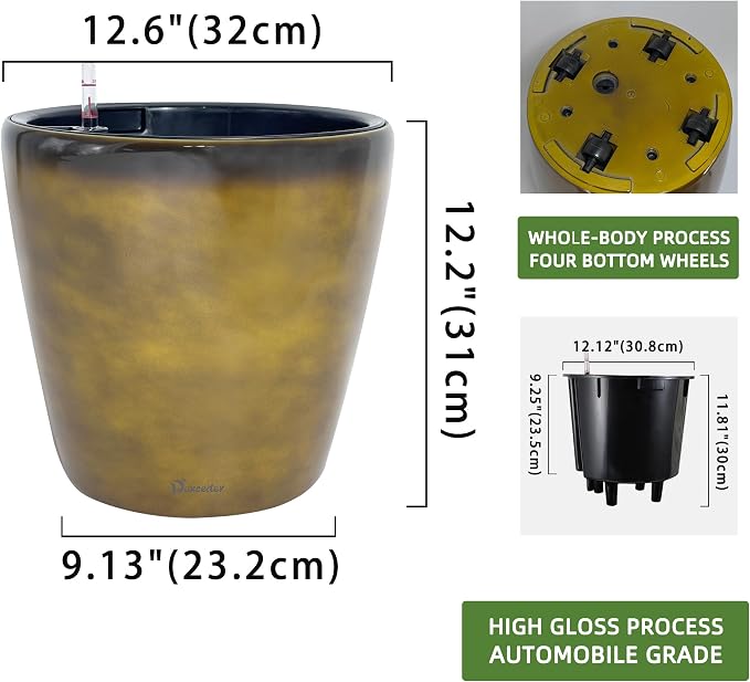 Dexceder 13x12 Self Watering Planter with Wheels (Yellow Brown Gradient) | Inner Pot Design, Thickened Large Floor Standing Flower Plant Pot with Water Level Indicator Indoor Outdoor