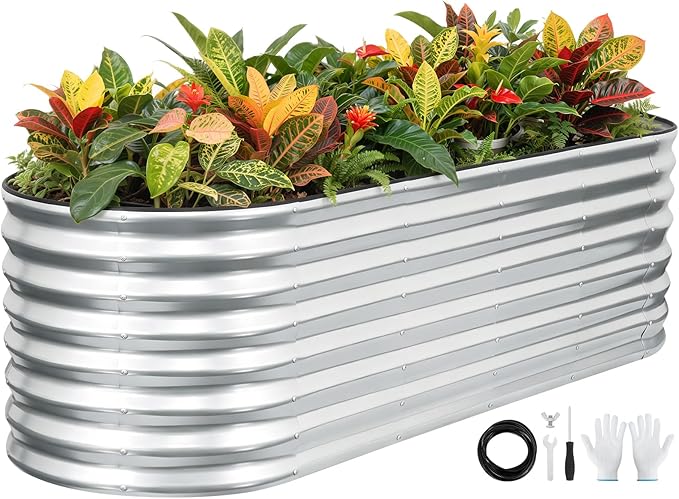 Galvanized Raised Garden Bed Outdoor 24'' Deep | Oval Metal Garden Beds with Easy Assembly & Planter Box for Planting Deep Root Vegetables Fruits Flowers, 6x2x2ft Silver