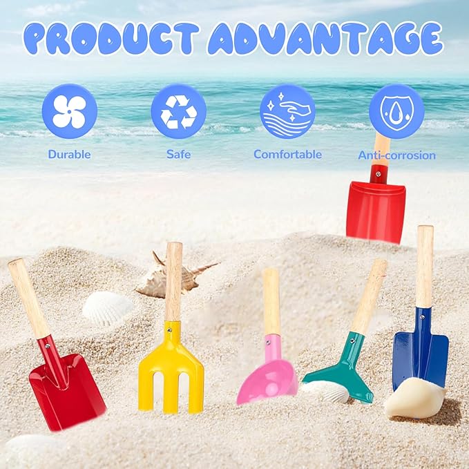 Beach Toys, 6 Pcs Kids Gardening Set, 8'' Kid Metal Sand Toys Sandbox Toys with Sturdy Wooden Handle, Children Beach Sand Toys Gardening Set, Beach Shovels for Kids Ages 3-8