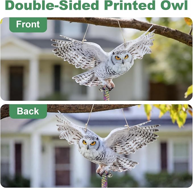 Hanging Owl Device for Outdoor Garden, 5 PCS Flat Reflective Owl with Tape and Bell to Keep Woodpecker Pigeon Away from Patio Yard Balcony Window, Weatherproof Animal Scare Decor
