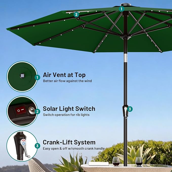 AreShark 9FT Patio Umbrella with Solar Lights, 32 Lighted Pool Umbrella w/Tilt and Crank, Outdoor Market Solar Umbrellas for Garden, Deck, Backyard, Pool and Beach, Dark Green