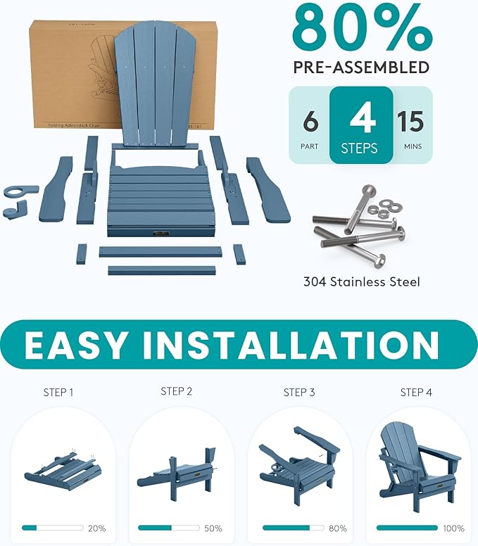 SERWALL Foldable Adirondack Chair Set of 2 for Patio Garden Outdoors Fire Pit-Blue