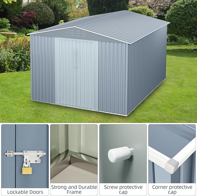 GarveeLife Large Outdoor Metal Storage Shed, 10x10 ft Metal Shed with Lockable Doors, Large Garden Tool Shed with Sturdy Frame Structure, for Backyard, Patio, Lawn, Grey