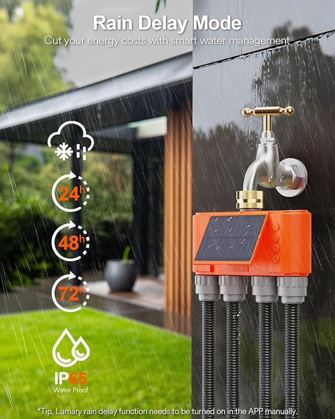 Lumary Solar WiFi Sprinkler Timer 4 Zone w/Water Flow Meter, Smart Water Timer for Garden Hose w/Adjustable 90° Panel, APP Automatic Irrigation Controller System for Lawns Yard, No Need Hub