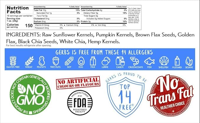 Gerbs Super 7 Seed Snack Mix 1 lb. | Raw, No Artificial Additives, Resealable Bag | Crunchy Pumpkin, Sunflower, Brown & Golden Flax, Black & White Chia, Hemp | Top 14 Allergen-Free