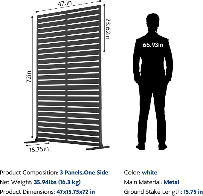 Garvee 72" H x 47" W Outdoor Metal Privacy Screen, 6FT Decorative Privacy Fence Freestanding Panels with Stand, Room Dividers, Patio Metal Screen Panel for Garden Yard Balcony Deck, Black