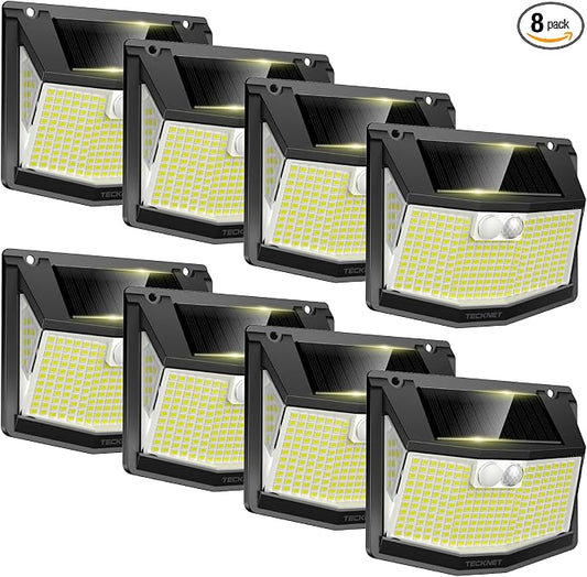 TECKNET 248 LED Outdoor Solar Lights & Motion Sensor 8 Pack, 300° Angle & 3 Lighting Modes Solar Lights Outdoor Waterproof, Solar Powered Security Flood Wall Lights IP66 for Outside/Yard Fence/Garden
