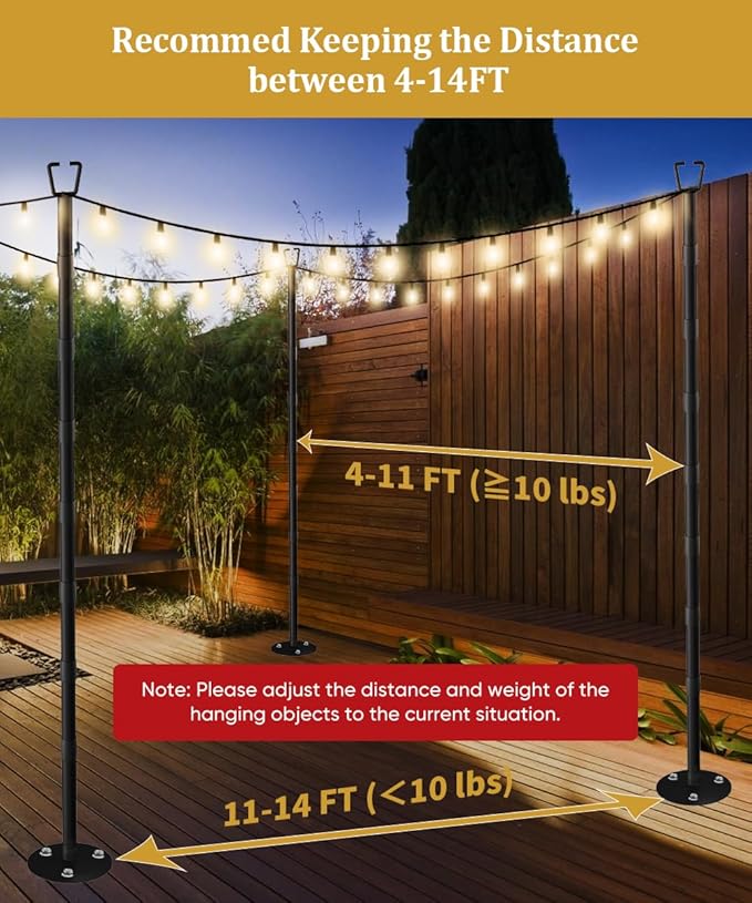 10FT String Light Poles for Outdoor Decor, Sturdy Light Pole with Hard Ground Base, Adjustable Metal Posts for Outside Patio, Backyard, Deck, Garden, Party, Wedding