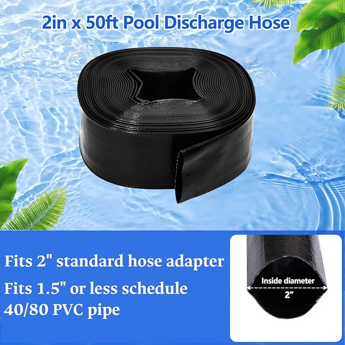 2 inches x 50 FT Heavy-Duty PVC Swimming Pool Backwash Hose, Reinforced Discharge Hose with Clamp for Swimming Pools, Black