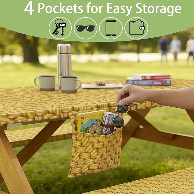 Fitted Picnic Table Cover with Chair Covers Elastic Water Resistant Camping Tablecloth for 8 Foot Rectangle Tables Garden Patio Outdoor Organization Road Trip Hiking Motorhome Essential Gift