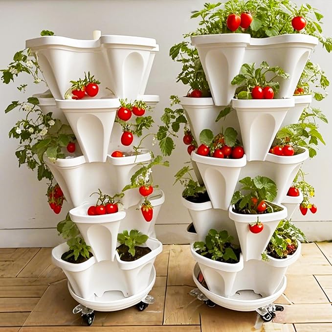 Strawberry Planters, 7 Tiered Vertical Stackable Planter, Herb Stacking Tower Garden, Flower and Vegetable Planters with Support Pole Indoor & Outdoor with Removable Wheels - Dark Grey