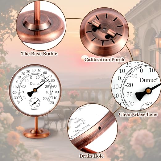 4" Indoor Outdoor Thermometer Hygrometer, Analog Temperature Humidity Gauge with Stand, Antique Copper Tabletop Decor for Home, Bedroom, House, Greenhouse, Battery-Free, Dual Scale(℃/℉)