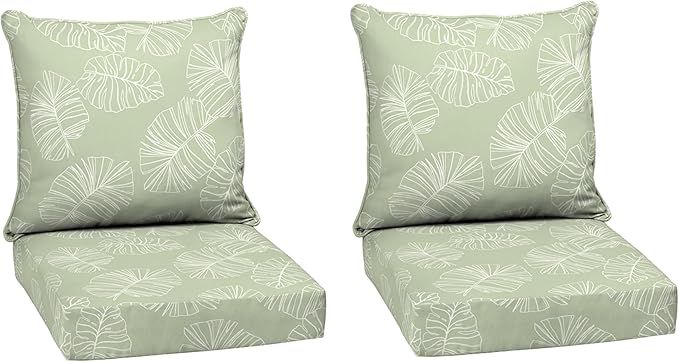 Arden Outdoor Deep Seat Cushion Set (2-Pack), 24 in x 24 in, Weather-Proof, Rain-Proof, Fade Resistant Patio Cushion for Chair, Sofa, and Couch Coastal Green Leaf