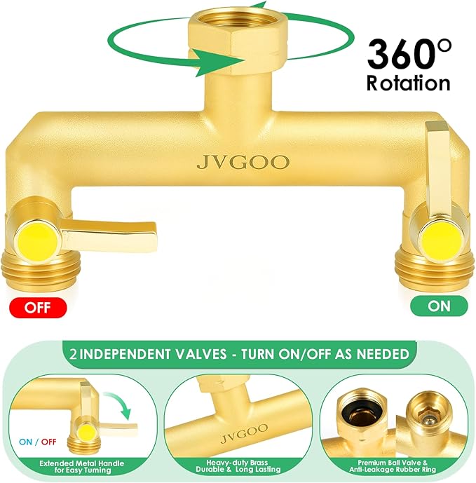 Garden Hose Splitter, Brass 2 Way Hose Splitter, 3/4" Water Hose Splitter 2 Way Heavy Duty with Metal Shutoff Valve and Extension Handle, Outdoor Faucet Splitter Water Spigot Splitter Manifold