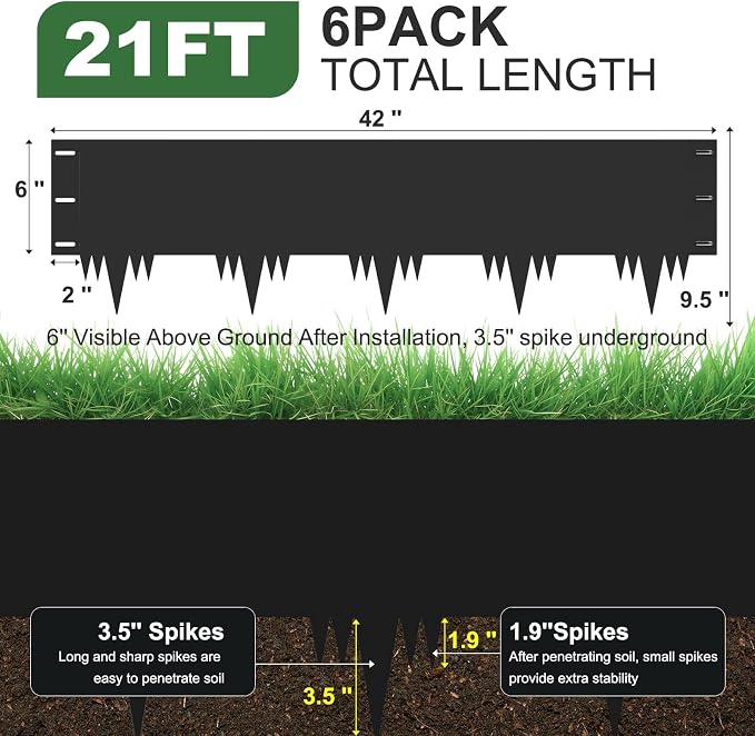 Galvanized Steel Landscape Edging Border 6 Packs 42'' L x 9.5'' H, Metal Landscape Garden Edging Border with 6 Stakes, Hammer-in Lawn Edging for Landscaping, Flower Bed, Yard, Pathway (21ft Total)
