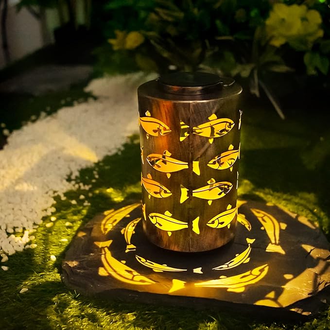 HONGLAND Solar Lanterns Outdoor Father Day Birthday Gifts for Women, Waterproof Hollowed-Out Fish Design with Warm White LED, Auto On/Off Solar Hanging Lights for Garden, Patio, Porch Decor