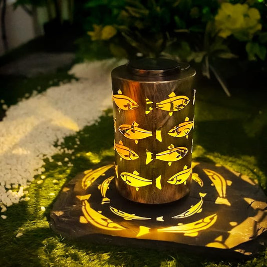 HONGLAND Solar Lanterns Outdoor Father Day Birthday Gifts for Women, Waterproof Hollowed-Out Fish Design with Warm White LED, Auto On/Off Solar Hanging Lights for Garden, Patio, Porch Decor
