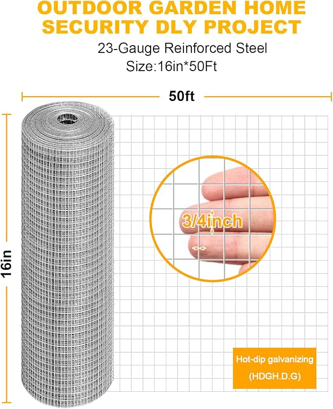 16in x 50Ft Hardware Cloth Hot-Dip Galvanized Welded Chicken Wire Fencing - Heavy Duty 23 Gauge Wire Mesh for Garden, Chicken Coop, Rabbit Cage, Rodent, Poultry Enclosures & Predator Protection