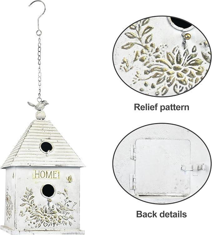 Vintage Metal Hanging Birdhouse, Home Decorative Bird House with Floral & Bird Accents, Weathered White Bird Home, Ideal for Outdoor Garden Decor
