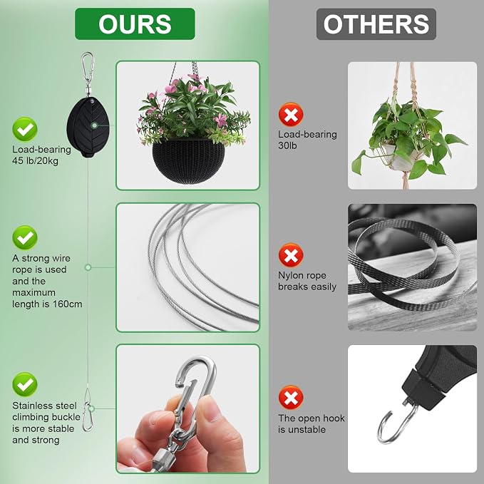 Heavy Duty Retractable Plant Hangers, Adjustable Pull-Down Pulleys with 63" Stainless Steel Rope, Double Hooks for Hanging Plants, Bird Feeders, Planters & Pots, Indoor & Outdoor Use (4Pcs- Black)