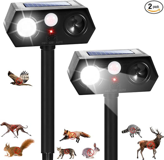 2026 Sonic Fortress Pro Deer Repellent Devices Solar Ultrasonic Animal Repellent Outdoor with Motion Sensor & Flashing Light Cat Squirrel Deterrent to Keep Racoon Rabbit Out of Yard & Garden 2 Pack