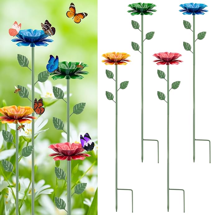 4 Pack Bee Watering Station, Bee Feeder for Garden Metal Butterfly Water Feeder with Flower Design Colorful Butterfly Bee Bath Bowl for Outdoor Garden Yard