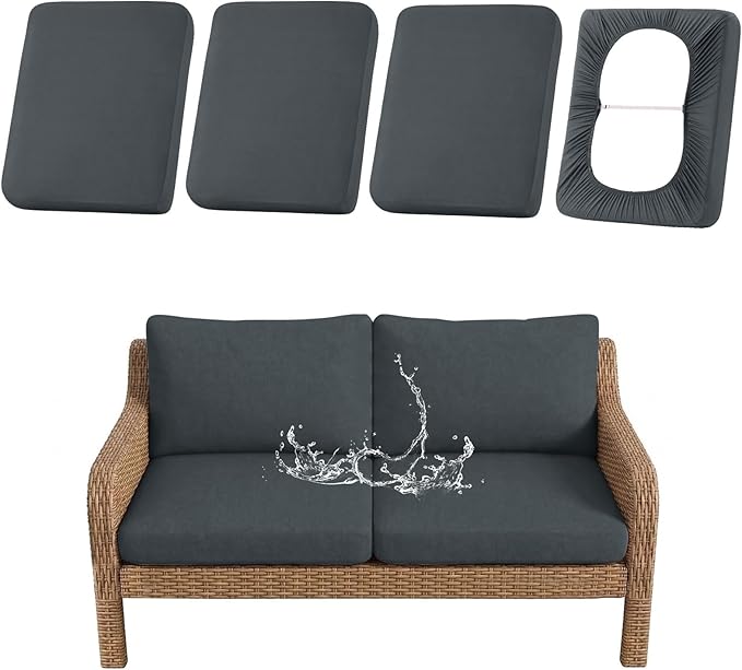 hyha Waterproof Outdoor Cushion Covers for Patio Furniture, Stretch Patio Chair Cushion Slipcovers, Coated UV Resistant Replacement Seat Covers, Solid Color (Dark Grey, 4PC)