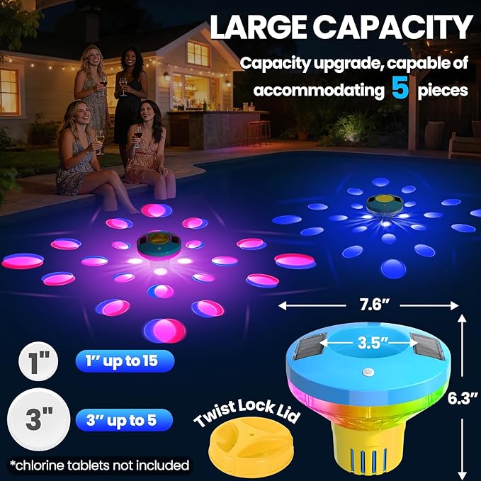 ChlorBlu Solar Chlorine Floater,Chlorine Floater with Colorful Lights,Large Capacity Floating Chlorine Dispenser for Pool,7.6" Pool Chlorine Floater,Button Control Chlorine Floater for Hot Tub(Yellow)