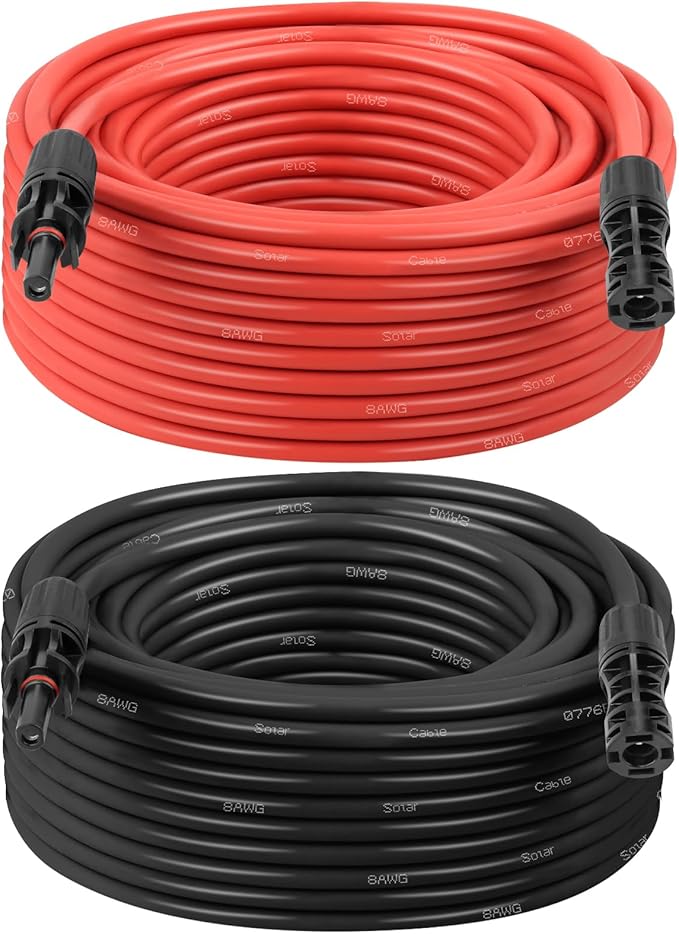 MOOKEERF Solar Panel Extension Cable - 8AWG 60FT Solar Wire with Female & Male Waterproof Connector PV Wire for RV, Photovoltaic Systems, Home, Boat, Solar Panels, Car(75Feet Red + 75Feet Black)